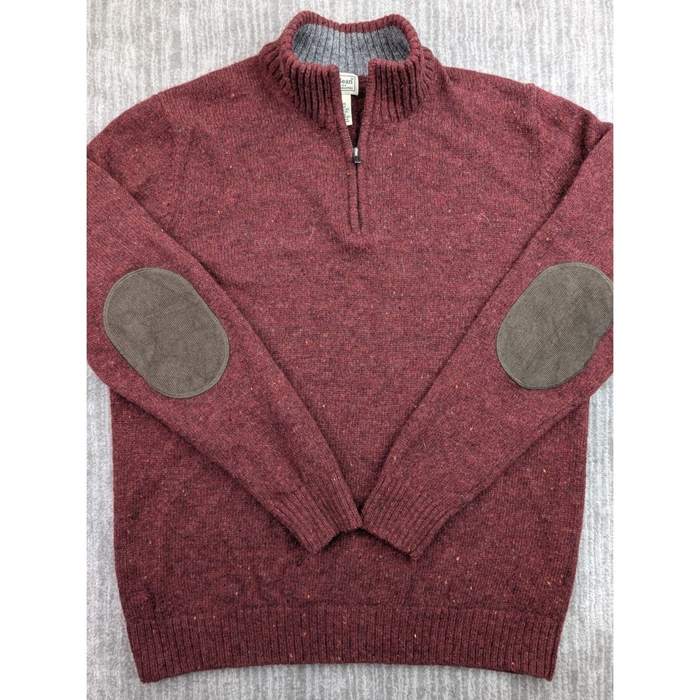 LL Bean Mens XL Red Wool 1/4 Zip Mock Neck Elbow Patches Pullover Sweater 285327